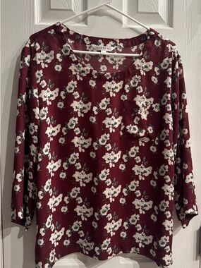 DownEast Burgundy Floral Pocket Blouse